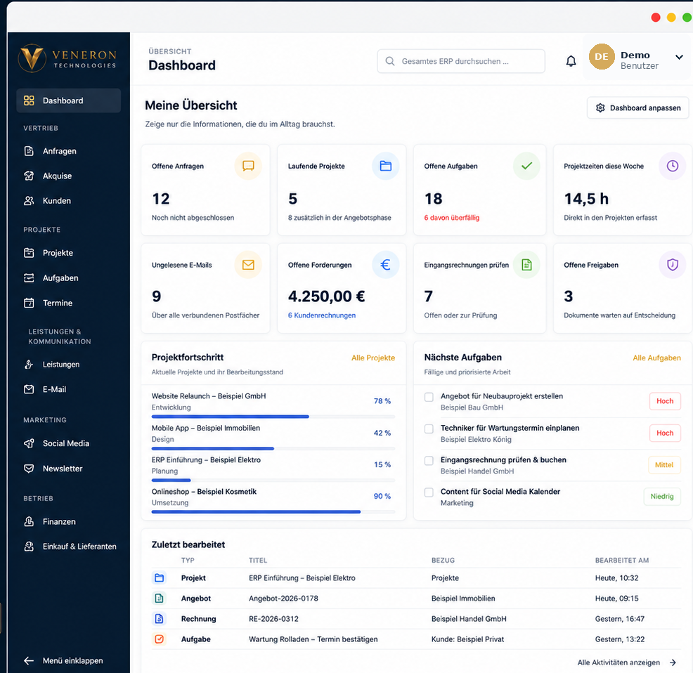 Veneron ERP-Demooberfläche mit Dashboard, Anfragen, Projekten, Aufgaben, Finanzen und Auswertungen